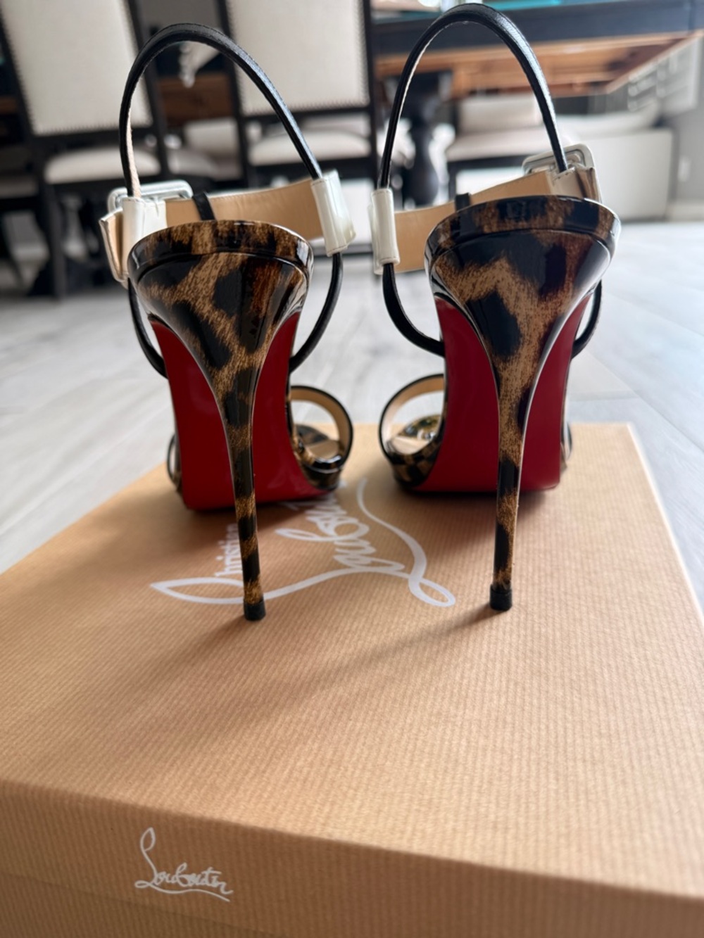 Christian Louboutin Leopard Print Stiletto Sandals with Black and Cream Straps - Picture 8 of 13